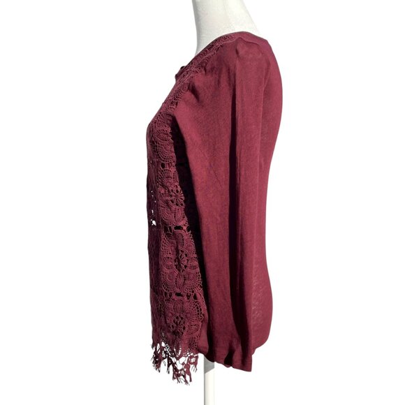 Burgundy Lace Crochet Hem Long Sleeve Cotton Top J.Crew Size S Vintage Style - Picture 3 of 11